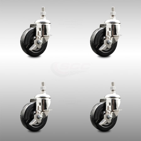 Service Caster 4 Inch 316SS Soft Rubber Wheel Swivel 1/2 Inch Threaded Stem Caster Set Brake SCC SCC-SS316TS20S414-SRS-TLB-121315-4